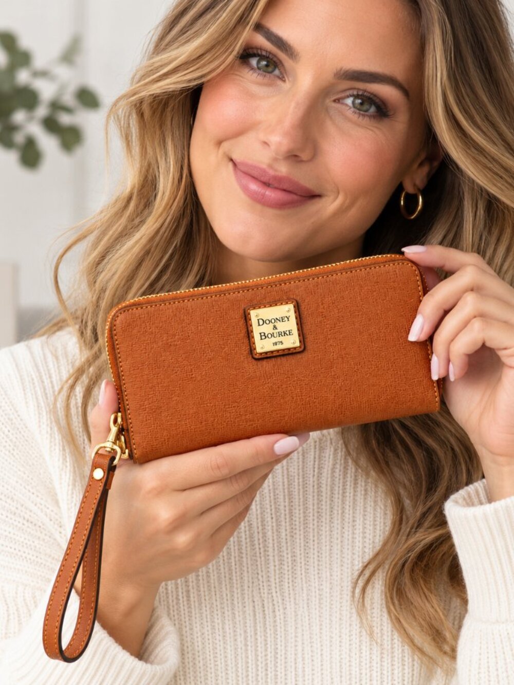 Dooney & Bourke Saffiano-Textured Leather Zip Wristlet Wallet Cognac w/ Box